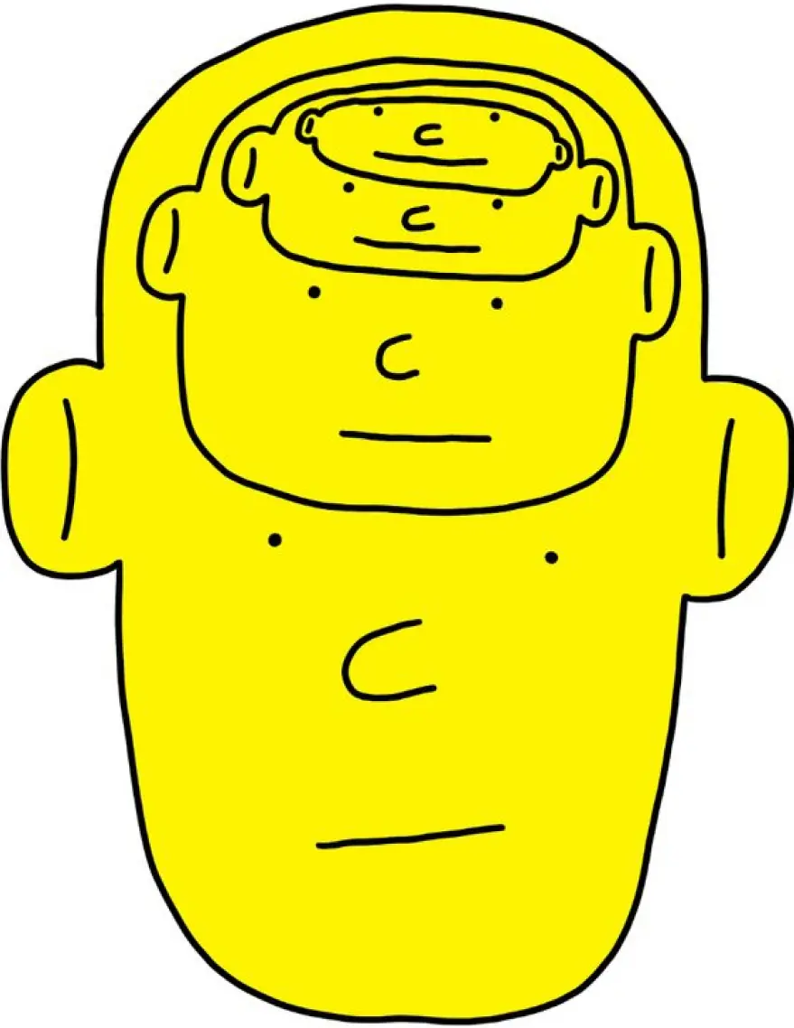 A drawing of a yellow head overthinking
